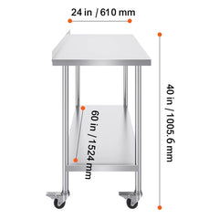 Stainless Steel Work Table Commercial Food Prep Worktable with Casters Heavy Duty Prep Worktable for Restaurant Home Hotel