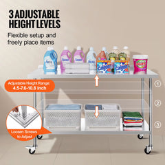 Stainless Steel Work Table Commercial Food Prep Worktable with Casters Heavy Duty Prep Worktable for Restaurant Home Hotel